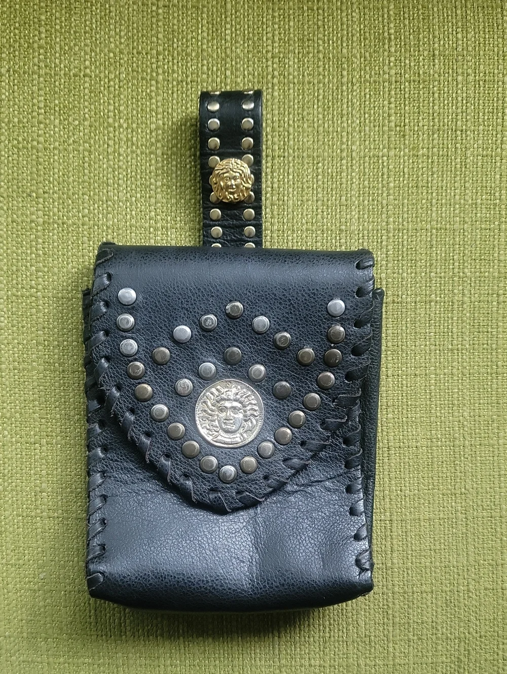 Leatherock Black Leather Studded Belt Pouch with Gold Medallion